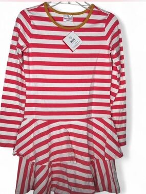 Hanna Anderson Kids' Pink & cream Striped Long-Sleeve Peplum Dress Sz 160=14/16